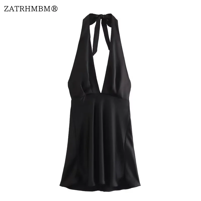 ZATRHMBM Женское Летнее Модное Черное платье с бретелькой на шее 2023, Винтажные женские платья без рукавов с открытой спиной, Vestidos Mujer . ' - ' . 0
