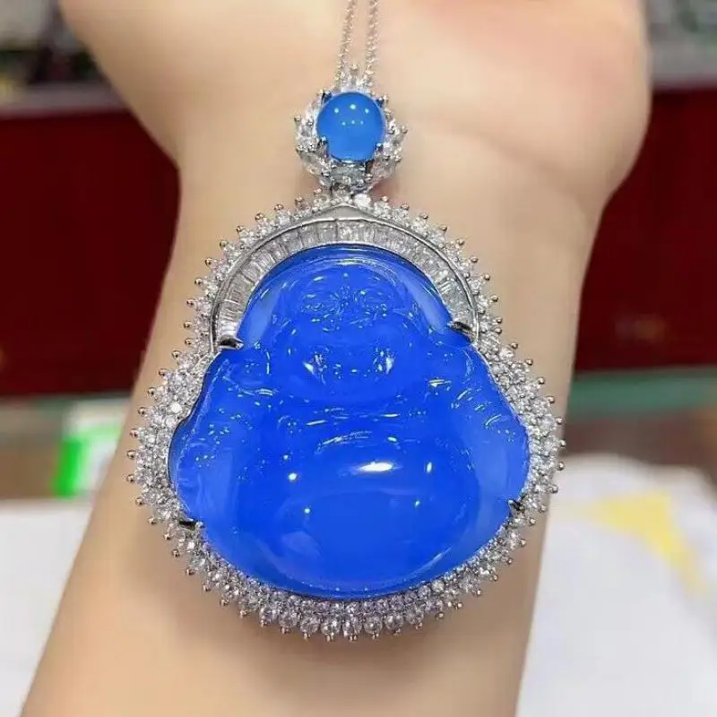Ожерелье Будды из натурального голубого нефрита, женские ювелирные украшения, подлинный мьянманский жадеит, инкрустированный цирконом, ожерелья с подвеской Будды Майтрейи . ' - ' . 0