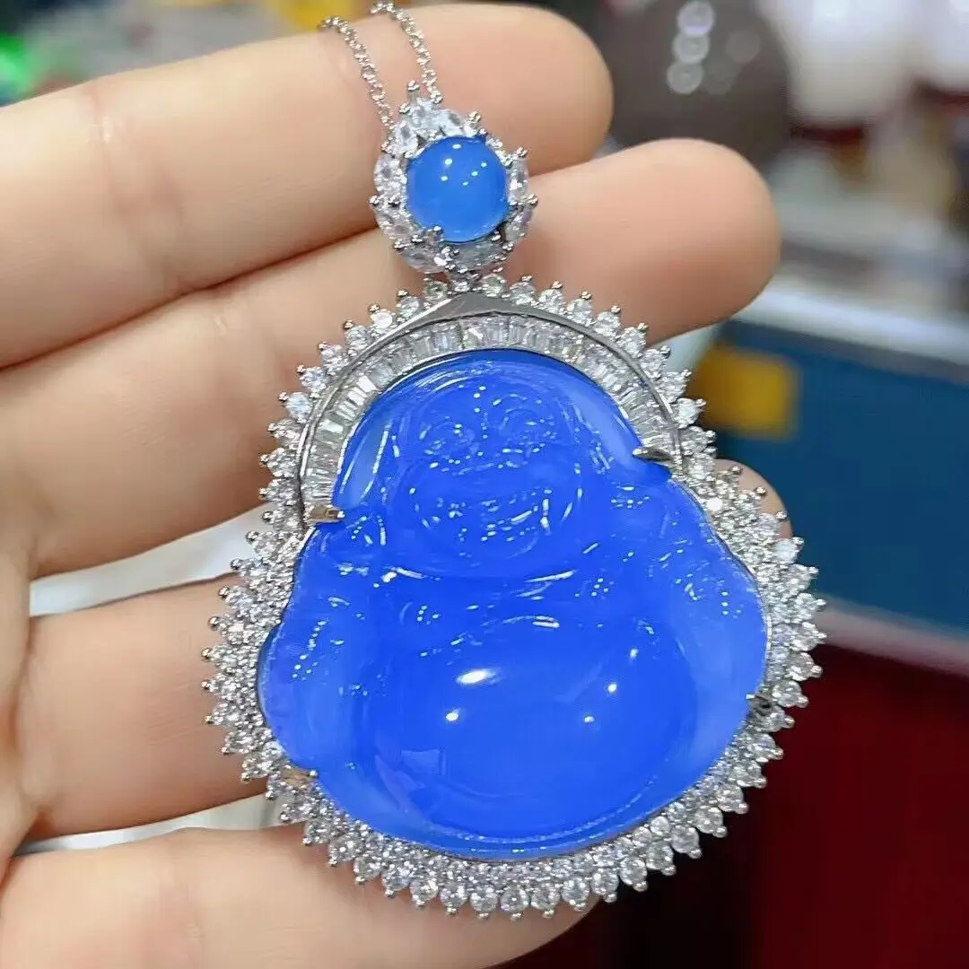 Ожерелье Будды из натурального голубого нефрита, женские ювелирные украшения, подлинный мьянманский жадеит, инкрустированный цирконом, ожерелья с подвеской Будды Майтрейи . ' - ' . 1