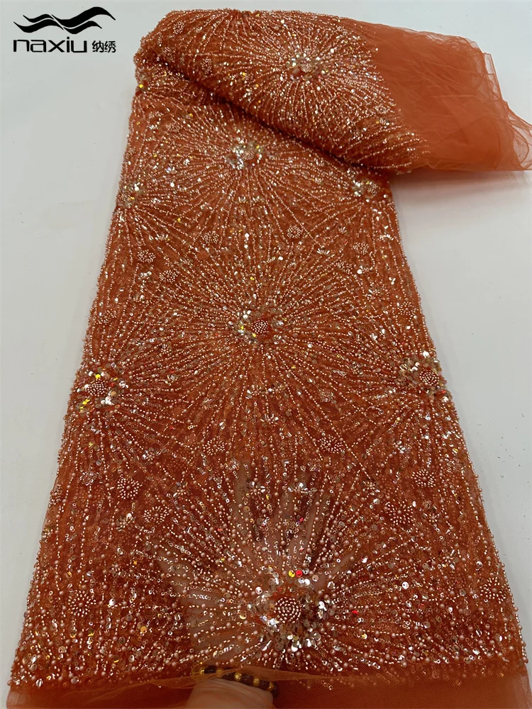 Madison Высококачественная кружевная ткань из тяжелого бисера, фиолетовая африканская тюлевая сетка с пайетками, вышивка для пошива свадебного платья, Dubai Pearl Bridal . ' - ' . 2