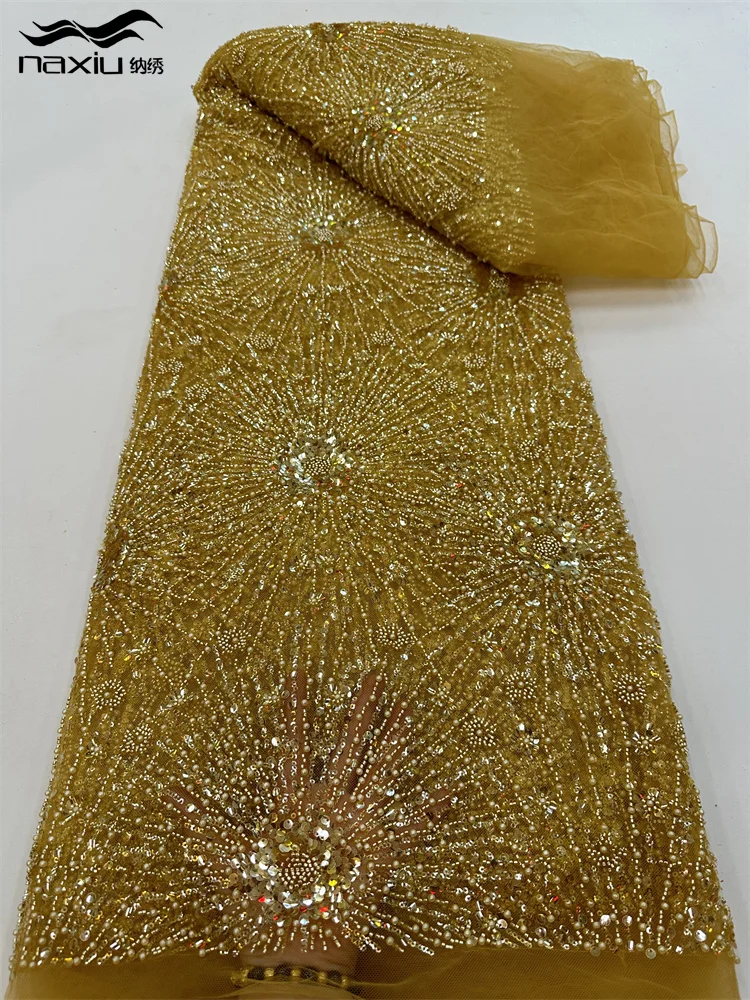 Madison Высококачественная кружевная ткань из тяжелого бисера, фиолетовая африканская тюлевая сетка с пайетками, вышивка для пошива свадебного платья, Dubai Pearl Bridal . ' - ' . 3