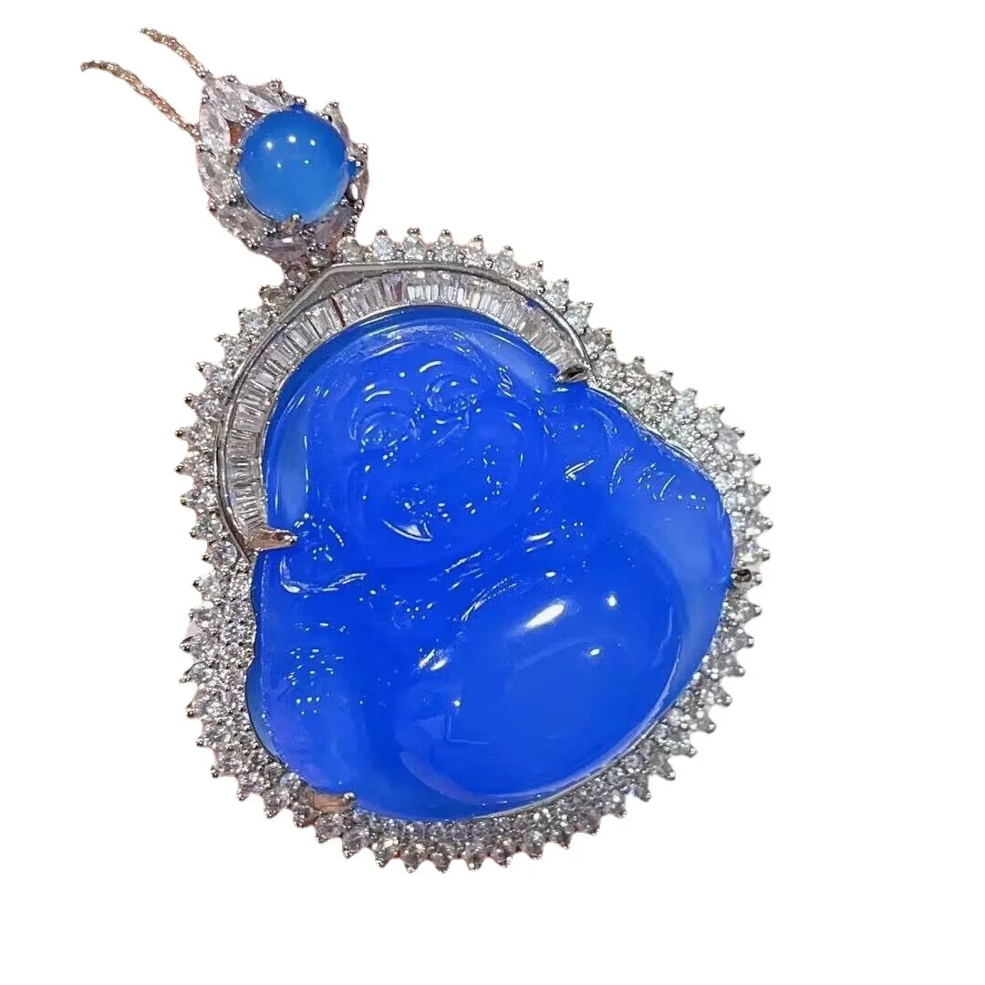 Ожерелье Будды из натурального голубого нефрита, женские ювелирные украшения, подлинный мьянманский жадеит, инкрустированный цирконом, ожерелья с подвеской Будды Майтрейи . ' - ' . 4