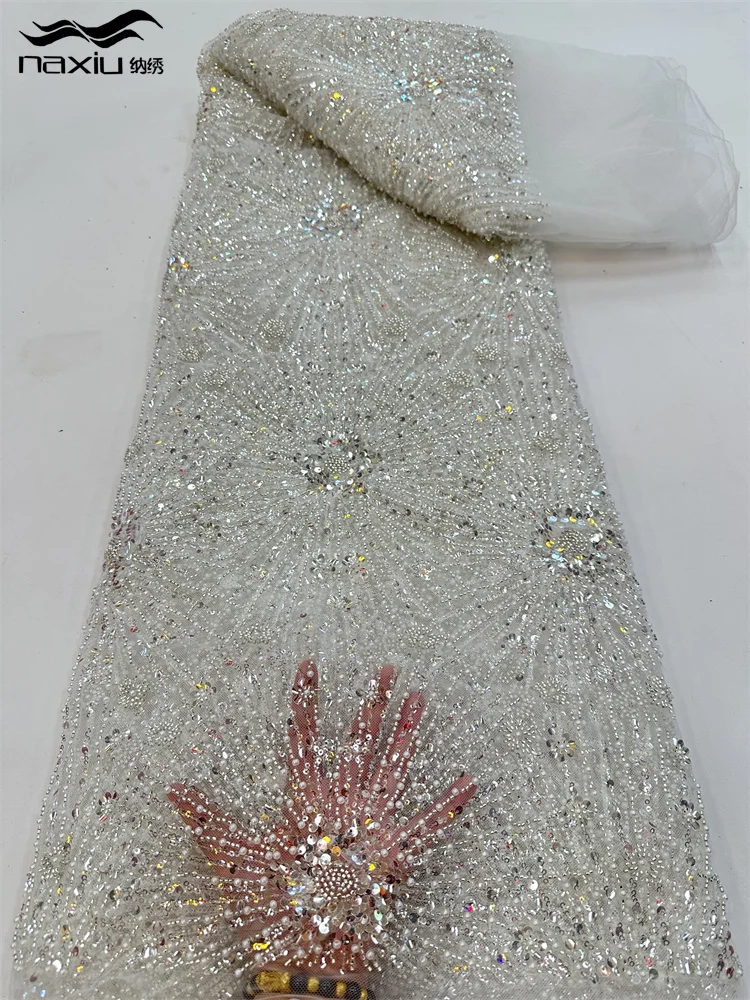 Madison Высококачественная кружевная ткань из тяжелого бисера, фиолетовая африканская тюлевая сетка с пайетками, вышивка для пошива свадебного платья, Dubai Pearl Bridal . ' - ' . 5