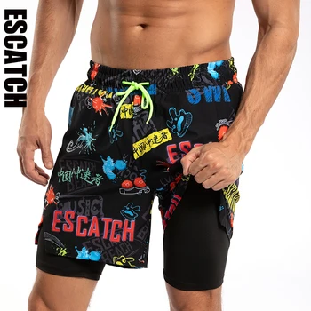 Escatch Новая Горячая распродажа Летних мужских плавательных шорт с быстросохнущей печатью 2 В 1 для бега и спортивных тренировок на эластичной подкладке Пляжная одежда