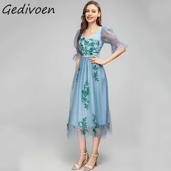 Gedivoen Летнее модное дизайнерское Элегантное сетчатое платье, женское платье с V-образным вырезом и вышивкой в виде половины рукава, праздничная вечеринка, синее длинное платье с высокой талией