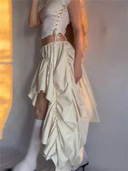 Pmwrun Летняя женская юбка неправильной формы длиной до колена, однотонный дизайн в складку, эстетичные шикарные платья, уличная одежда 2023 года