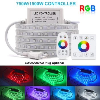 RGB Светодиодная лента Водонепроницаемая 5050 AC 110V 220V Светодиодные ленты 60 светодиодов/ м Настенная сенсорная панель и пульт дистанционного управления со штекером контроллера