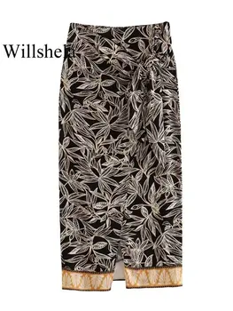 Willshela Женская мода С принтом в виде банта, Разрез спереди, Молния сзади, Миди-юбка, Винтажные женские шикарные юбки с высокой талией