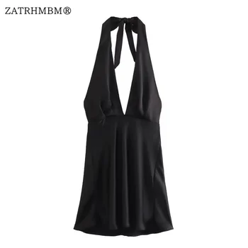 ZATRHMBM Женское Летнее Модное Черное платье с бретелькой на шее 2023, Винтажные женские платья без рукавов с открытой спиной, Vestidos Mujer