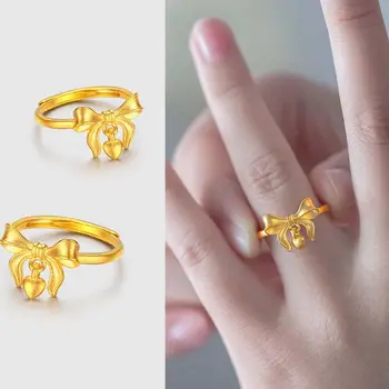 Аксессуары Подарок для девочек Регулируемое золотое кольцо с бантом и сердечком, Женское открывающее кольцо, кольца для пальцев в форме любви, украшения для пальцев