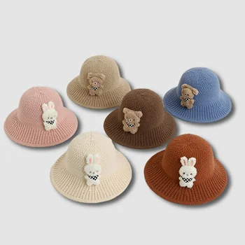 Весенние и осенние головные уборы для мальчиков и девочек, детские рыбацкие шапки, вязаные шапочки с мультяшным кроликом и медвежонком
