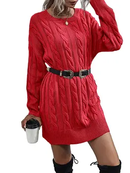Горячее Женское Платье-свитер с круглым вырезом и длинным Рукавом, Вязаное платье на шнуровке, Повседневное Мини-платье свободной вязки