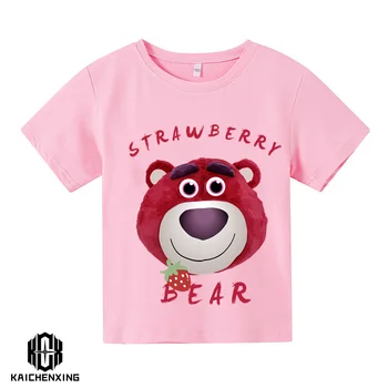 Детская одежда 2023 года, футболка с милым клубничным мишкой, летняя футболка для мальчиков и девочек, модная уличная футболка