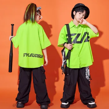 Детский джазовый танцевальный костюм, одежда в стиле хип-хоп, свободная зеленая рубашка для мальчиков, Черные брюки, одежда для современных танцев для девочек BL11230