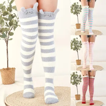 Домашние носки выше колена с мультяшным рисунком, зимние носки, женские теплые леггинсы с высокой талией, теплые носки