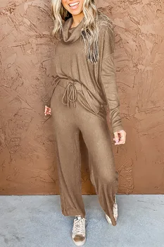 Женский комплект из двух предметов, подходящие комплекты, Элегантные осенне-зимние однотонные свободные брюки на шнуровке в спортивном стиле, топ с длинным рукавом и круглым вырезом.