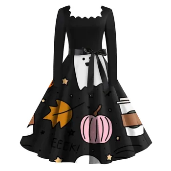 Женское винтажное классическое платье с длинным рукавом на Хэллоуин, черный халат с широкими рукавами, винтажное женское платье с готическим принтом летучей мыши, женское платье на Хэллоуин