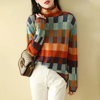 Зимний свитер Женский Geometry Y2k Geometry Вязаный джемпер с высоким воротом, универсальный пуловер с длинным рукавом, женская Корейская мода
