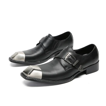 Итальянская высококачественная Мужская черная обувь из натуральной кожи с металлическим квадратным носком и ремешком с пряжкой, Мужская офисная карьера, вечерние оксфорды sapato social