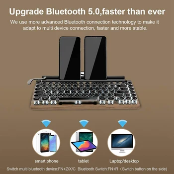 Клавиатура для пишущей машинки в стиле ретро, Беспроводная клавиатура Bluetooth, USB, механические колпачки в стиле панк для настольных ПК /ноутбуков /телефонов-цвет дерева