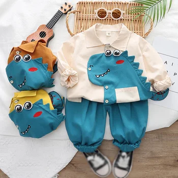Комплект одежды для маленьких мальчиков, Осенний Вышитый динозавр, Одежда для маленьких мальчиков из 2 предметов, Хлопковый свитер с лацканами + Брючные костюмы