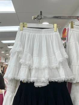 Мини-юбка французского шика для женщин, кружевные женские юбки для торта в стиле пэчворк с высокой талией, летняя юбка Каваи трапециевидной формы для девочек, прямая поставка