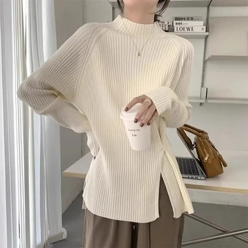 Модный женский повседневный свитер с полуприлегающим высоким воротником, осень/Зима 2023, Новый однотонный женский вязаный пуловер неправильной формы
