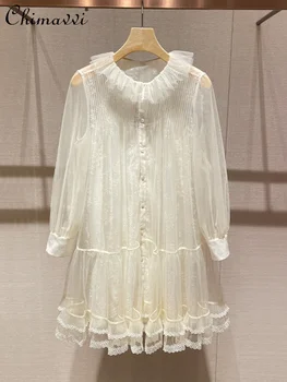 Новая осенняя одежда 2023 года Женское платье свободного темперамента для девочек, кружевное сетчатое платье с воротником в виде лотоса, платье в сказочном стиле для женщин