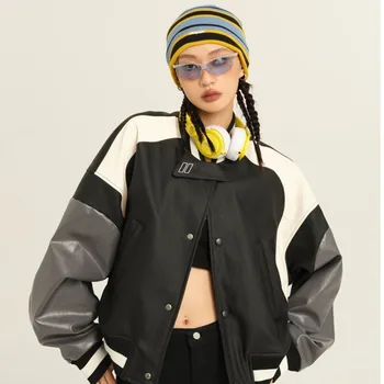 Новинка во внешней одежде Женская зимняя куртка-бомбер Y2k в стиле уличного хип-хопа с контрастной строчкой, модные свободные топы, пальто, бейсбол
