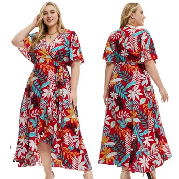 Новое летнее женское платье с принтом большого размера 2023, с коротким рукавом, с запахом, уличный модный Элегантный дизайн с V-образным вырезом и цветочным рисунком