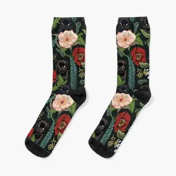 Носки с ботаническим рисунком и черными мопсами, женские носки, мужские носки
