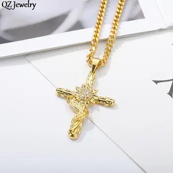 Панк-ожерелье с подсолнечным крестом, Религиозный Подсолнечный Крест, Хрустальное ожерелье с подвеской для мужчин и женщин, ювелирные подарки для вечеринок в стиле хип-хоп.