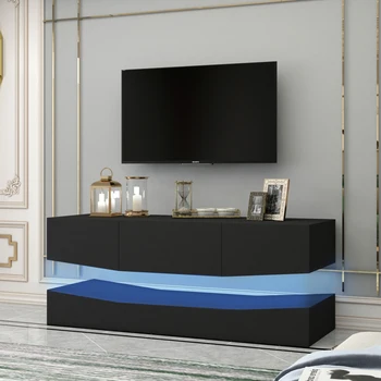 Подставка для телевизора со светодиодной подсветкой для 55-дюймового телевизора, Современный развлекательный центр со светодиодной подсветкой, консоль для телевизора и медиа-мебели, черный