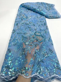 Роскошная Нигерийская кружевная ткань ручной работы из бисера 2023 года, высококачественное платье из африканской французской ткани, расшитое голубыми блестками, расшитое бисером