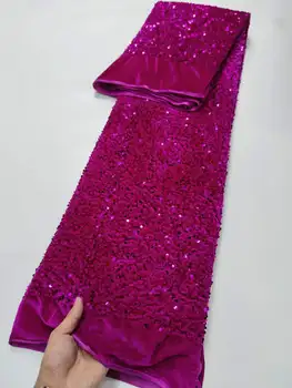 Роскошная французская сетчатая кружевная ткань Розово-красная бархатная ткань с 3D блестками 2023 г. Высококачественное кружево свадебное платье из африканской кружевной ткани