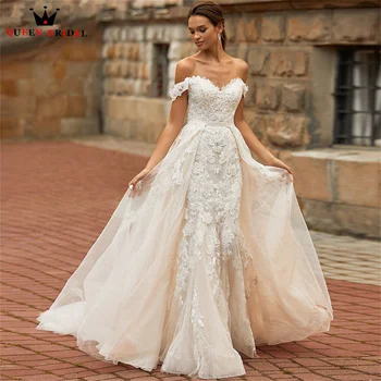 Роскошные свадебные платья русалочки со съемной юбкой, тюлевое кружевное свадебное платье с цветочными аппликациями 2023, новый дизайн, сшитый на заказ DS79