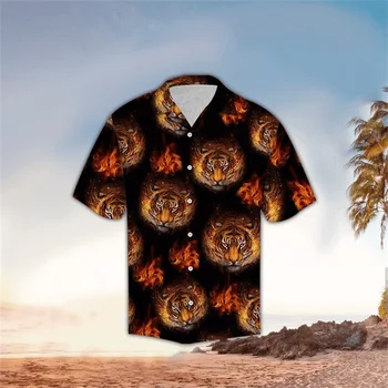 Рубашки с 3D принтом Tiger, Мужские повседневные топы с коротким рукавом и лацканами, футболки, Гавайская пляжная рубашка, Удобный Дышащий Свободный Топ Ropa Hombres