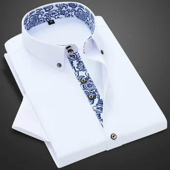 Сине-белая рубашка с короткими рукавами, мужская тонкая официальная однотонная белая одежда ropa рубашки для мужчин