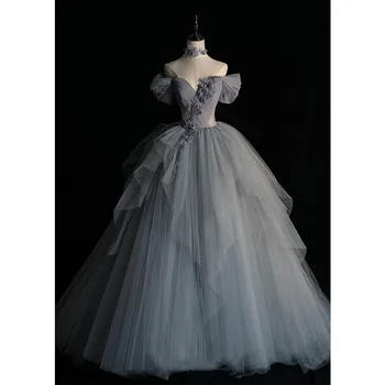 Элегантное бальное платье принцессы на одно плечо, сетчатый халат, Свадебное платье для вечеринок, вечерние платья с тонкой талией, платье для выпускного вечера с цветочным дизайном.