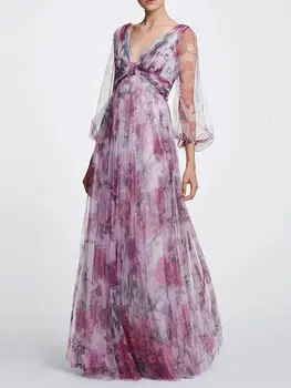 Элегантное платье Макси с длинным рукавом и сетчатым фонариком с цветочным принтом, Женское Сексуальное платье с V-образным вырезом и открытой спиной с запахом на талии, Vestidos, Модный халат для ночной вечеринки